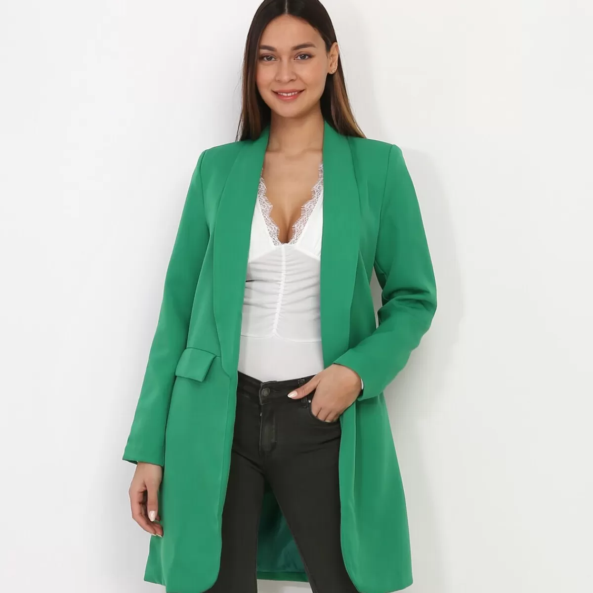 La Modeuse Business Collection | Grandes Tailles (44 Et +)*Blazer long à col châle et poches