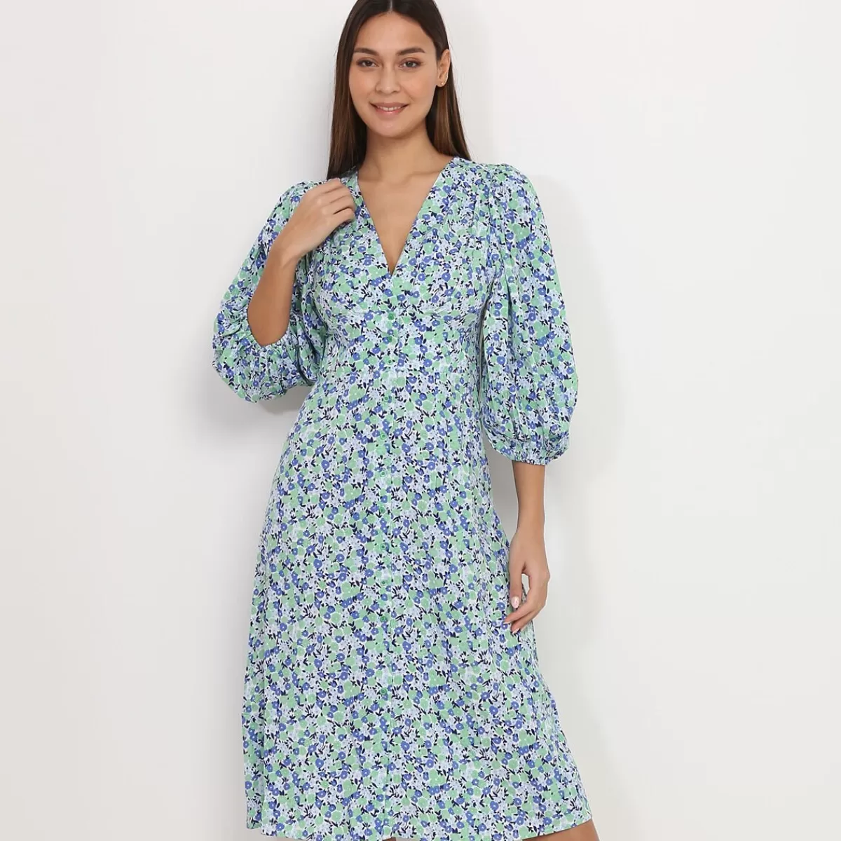 La Modeuse FASHION MATERNITY*Robe mi-longue fleurie à manches bouffantes