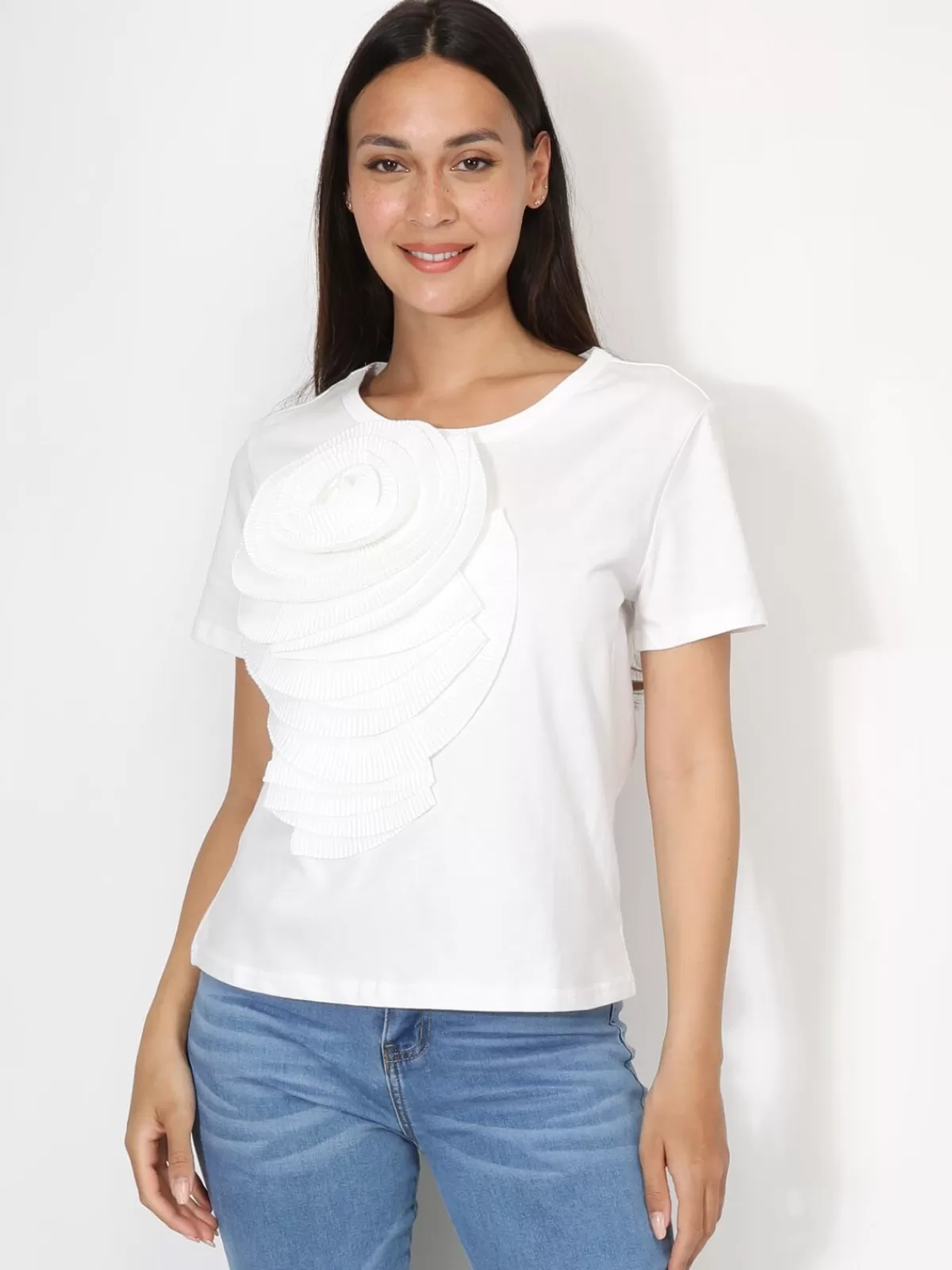 La Modeuse Tops, T-shirts*T-shirt en coton à fleur plissée XXL